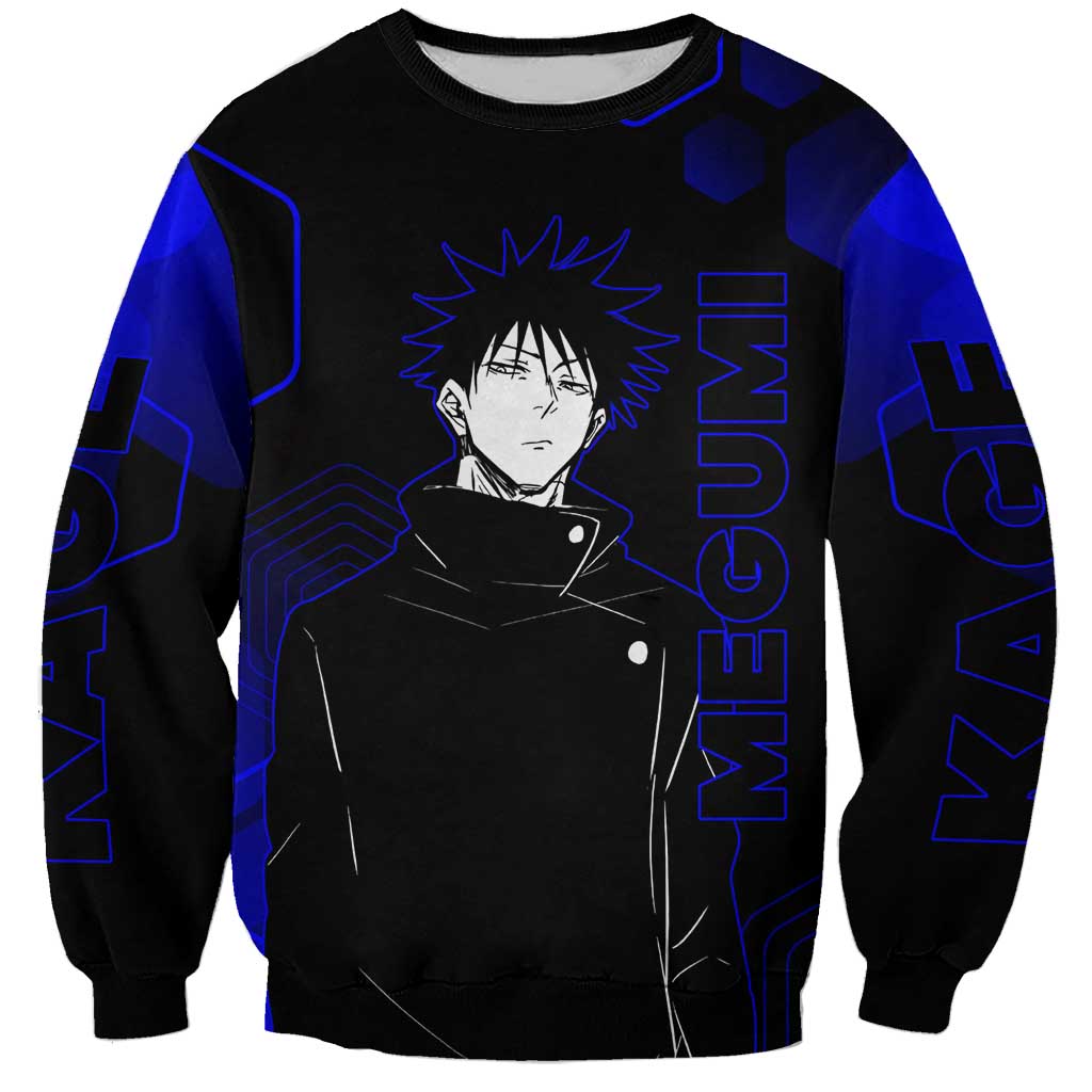 Megumi Fushiguro Jujutsu Kaisen Blue Hexagon Design Sweatshirt with Shadow Techniques and Manga Style Art - The Mazicc