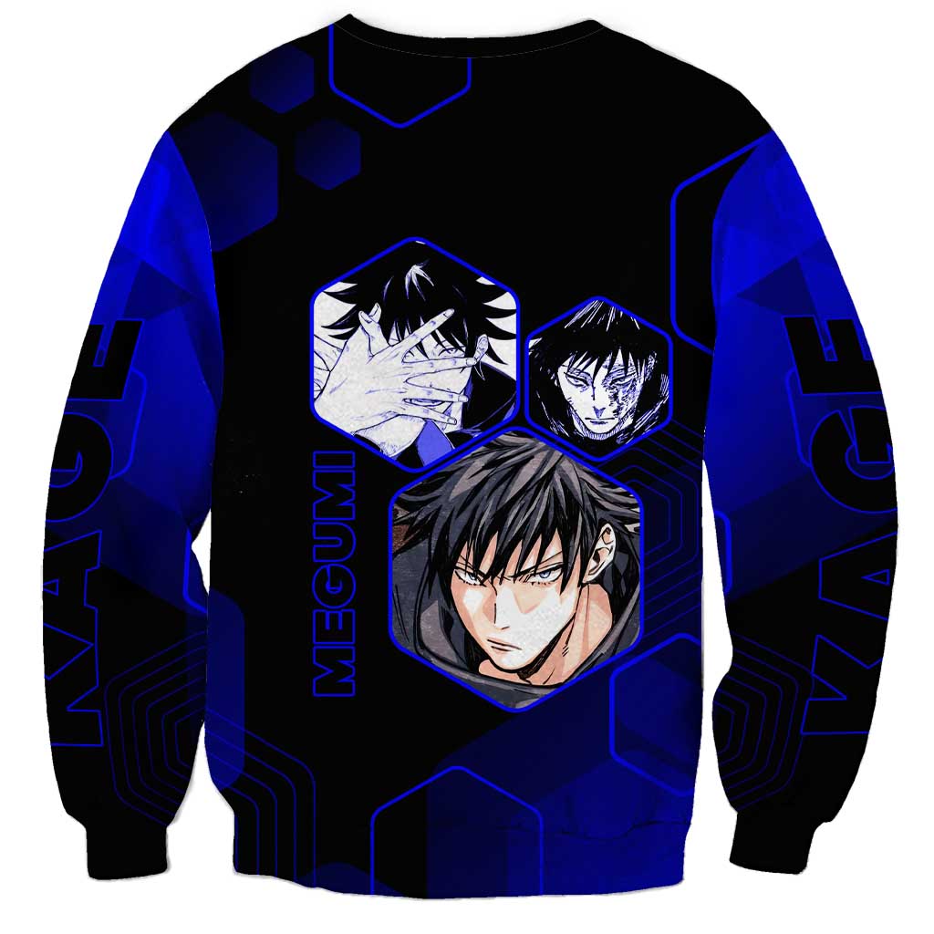 Megumi Fushiguro Jujutsu Kaisen Blue Hexagon Design Sweatshirt with Shadow Techniques and Manga Style Art - The Mazicc