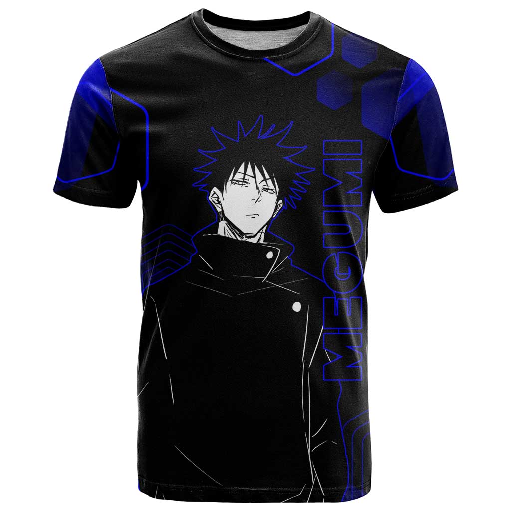 Megumi Fushiguro Jujutsu Kaisen Blue Hexagon Design T Shirt with Shadow Techniques and Manga Style Art - The Mazicc