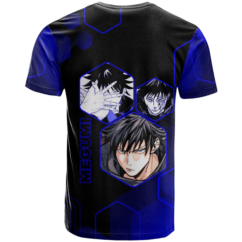 Megumi Fushiguro Jujutsu Kaisen Blue Hexagon Design T Shirt with Shadow Techniques and Manga Style Art - The Mazicc