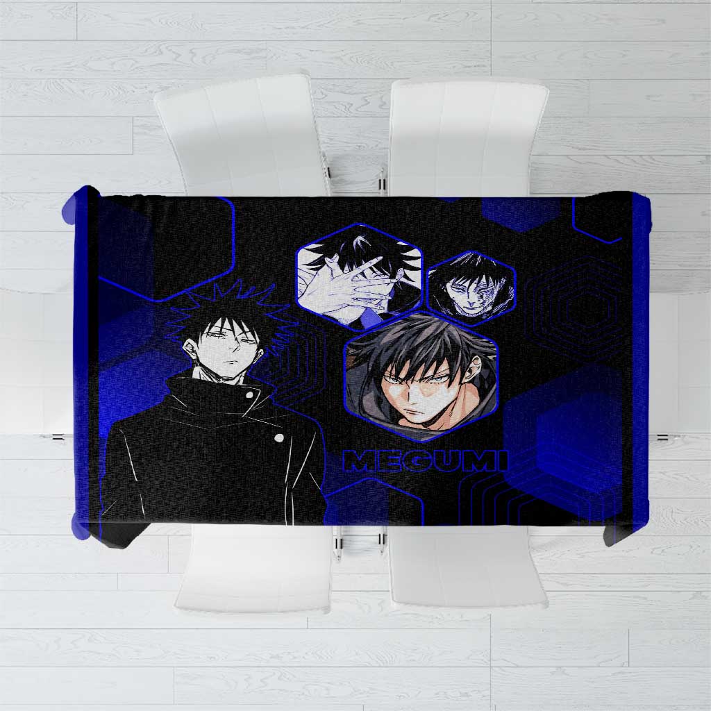 Megumi Fushiguro Jujutsu Kaisen Blue Hexagon Design Tablecloth with Shadow Techniques and Manga Style Art - The Mazicc