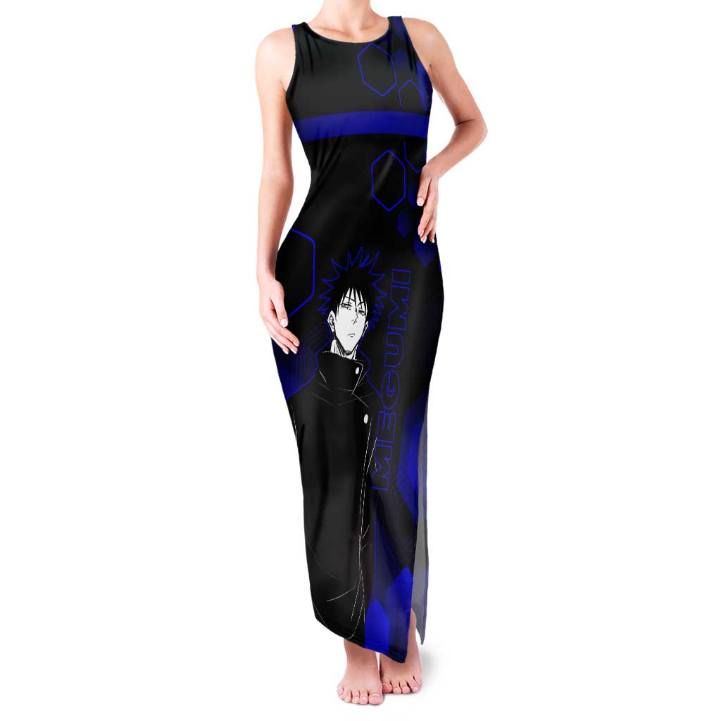 Megumi Fushiguro Jujutsu Kaisen Blue Hexagon Design Tank Maxi Dress with Shadow Techniques and Manga Style Art - The Mazicc