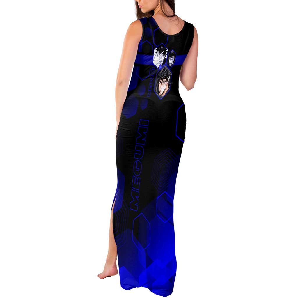 Megumi Fushiguro Jujutsu Kaisen Blue Hexagon Design Tank Maxi Dress with Shadow Techniques and Manga Style Art - The Mazicc