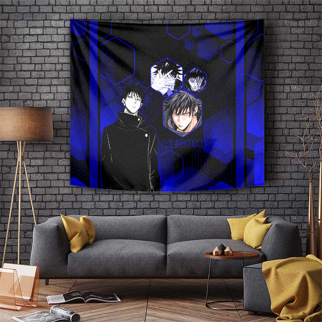 Megumi Fushiguro Jujutsu Kaisen Blue Hexagon Design Tapestry with Shadow Techniques and Manga Style Art - The Mazicc