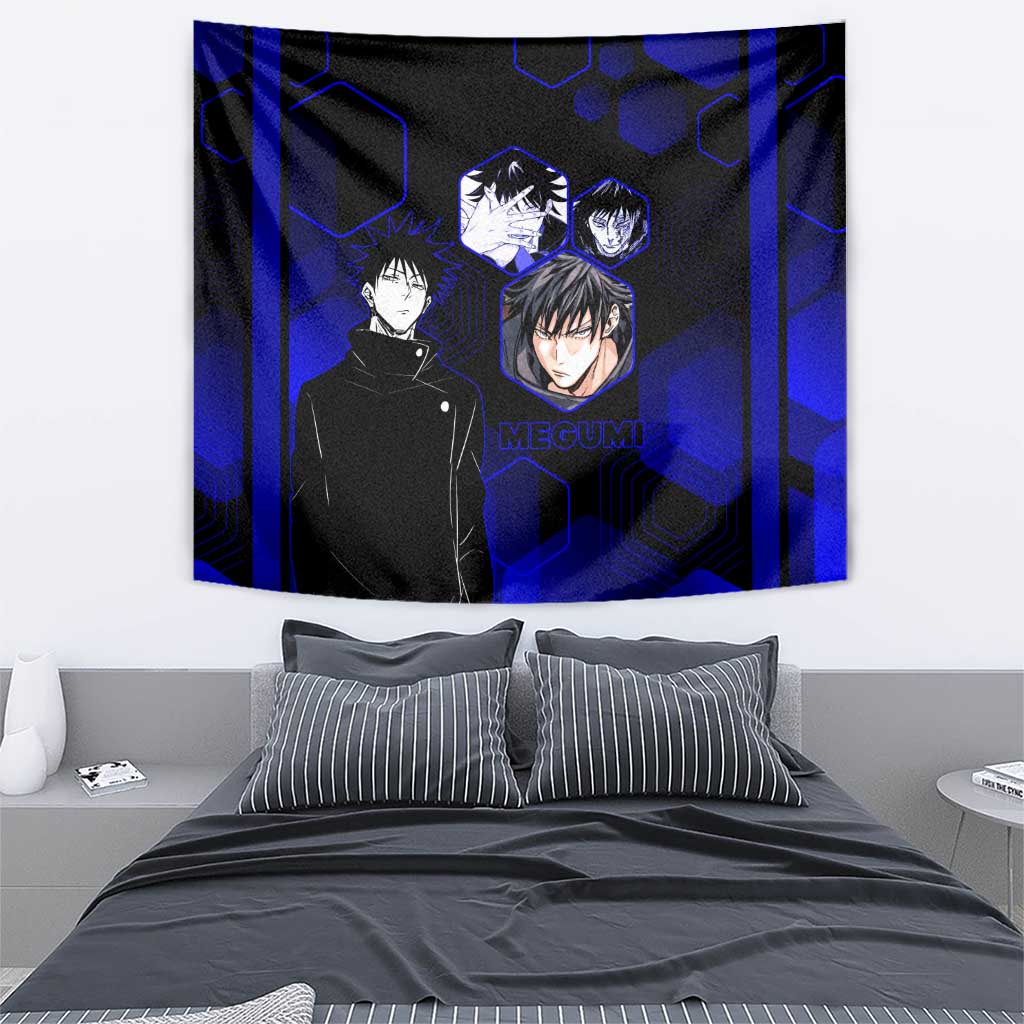 Megumi Fushiguro Jujutsu Kaisen Blue Hexagon Design Tapestry with Shadow Techniques and Manga Style Art - The Mazicc
