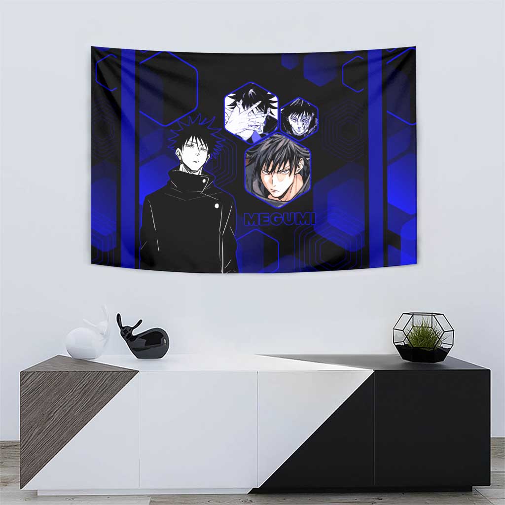 Megumi Fushiguro Jujutsu Kaisen Blue Hexagon Design Tapestry with Shadow Techniques and Manga Style Art - The Mazicc