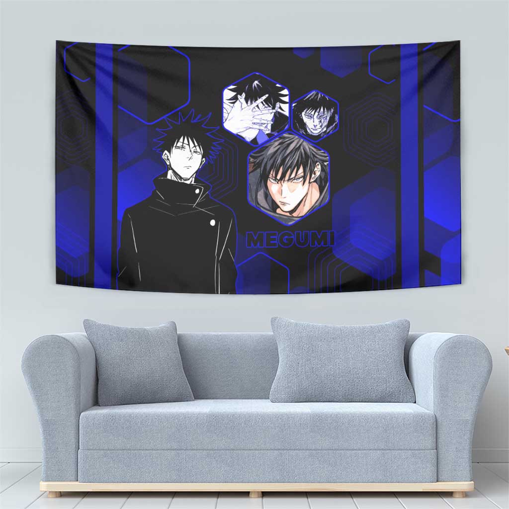 Megumi Fushiguro Jujutsu Kaisen Blue Hexagon Design Tapestry with Shadow Techniques and Manga Style Art - The Mazicc