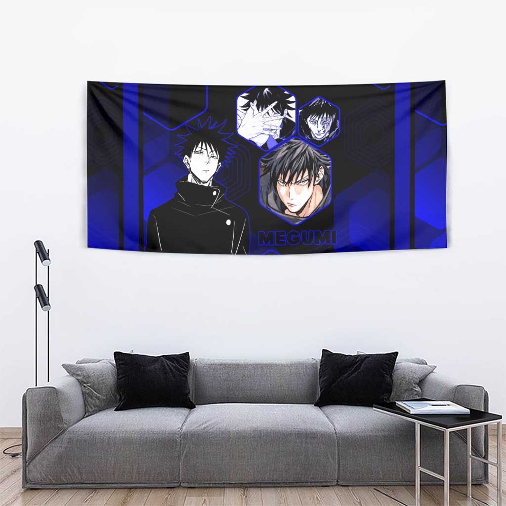 Megumi Fushiguro Jujutsu Kaisen Blue Hexagon Design Tapestry with Shadow Techniques and Manga Style Art - The Mazicc