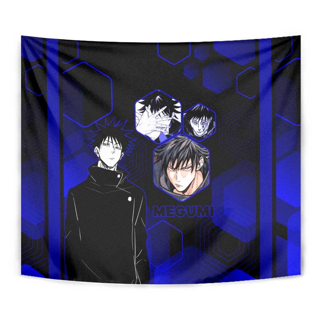 Megumi Fushiguro Jujutsu Kaisen Blue Hexagon Design Tapestry with Shadow Techniques and Manga Style Art - The Mazicc