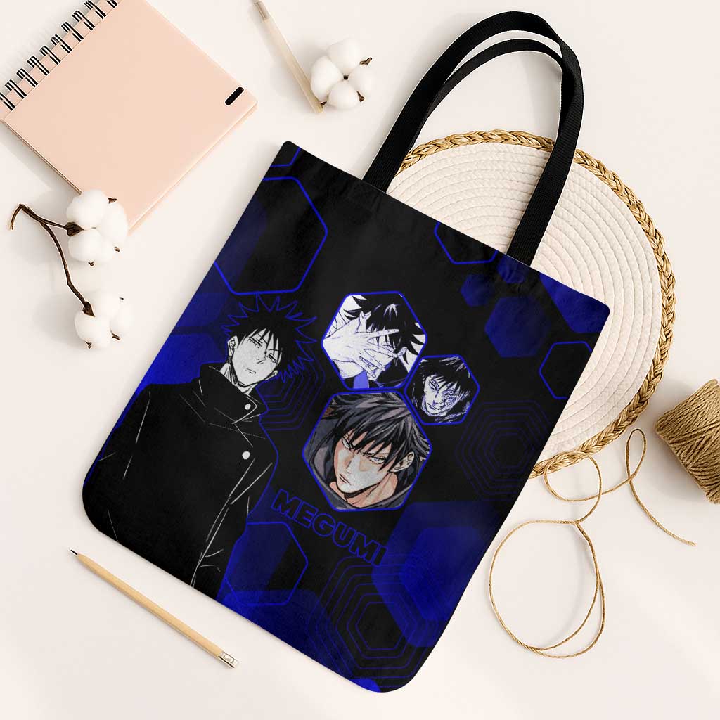 Megumi Fushiguro Jujutsu Kaisen Blue Hexagon Design Tote Bag with Shadow Techniques and Manga Style Art - The Mazicc