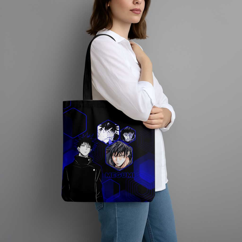 Megumi Fushiguro Jujutsu Kaisen Blue Hexagon Design Tote Bag with Shadow Techniques and Manga Style Art - The Mazicc