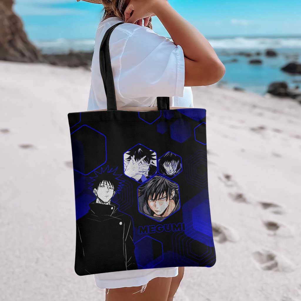 Megumi Fushiguro Jujutsu Kaisen Blue Hexagon Design Tote Bag with Shadow Techniques and Manga Style Art - The Mazicc