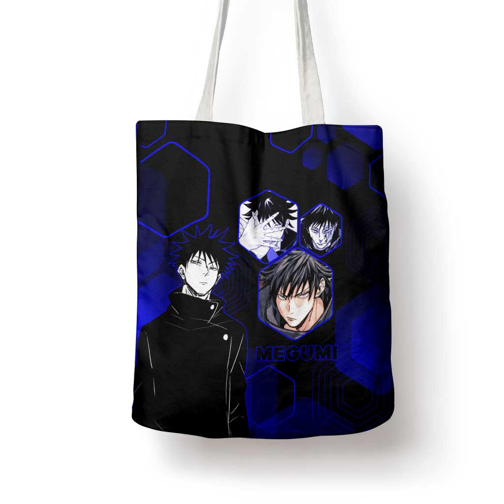 Megumi Fushiguro Jujutsu Kaisen Blue Hexagon Design Tote Bag with Shadow Techniques and Manga Style Art - The Mazicc