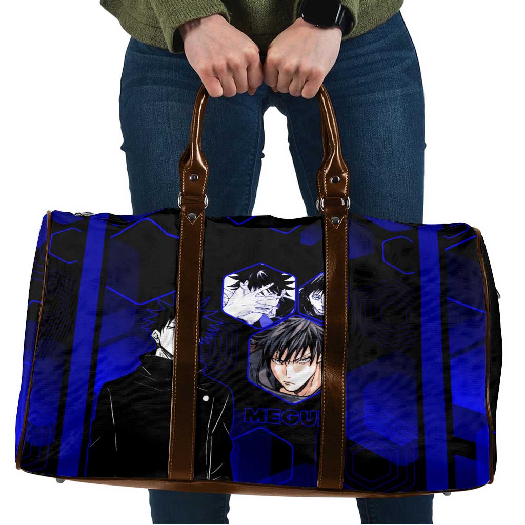 Megumi Fushiguro Jujutsu Kaisen Blue Hexagon Design Travel Bag with Shadow Techniques and Manga Style Art - The Mazicc