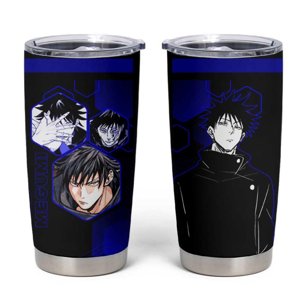 Megumi Fushiguro Jujutsu Kaisen Blue Hexagon Design Tumbler Cup with Shadow Techniques and Manga Style Art - The Mazicc