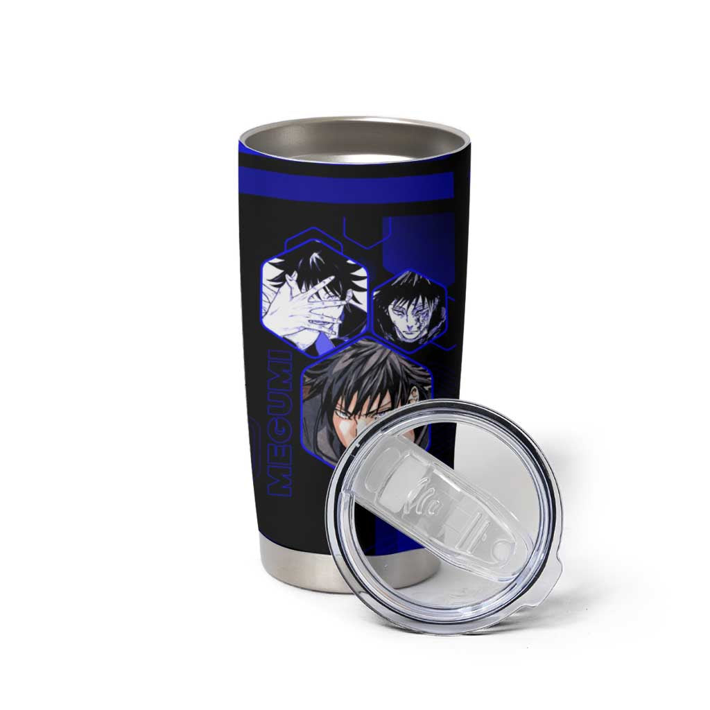 Megumi Fushiguro Jujutsu Kaisen Blue Hexagon Design Tumbler Cup with Shadow Techniques and Manga Style Art - The Mazicc