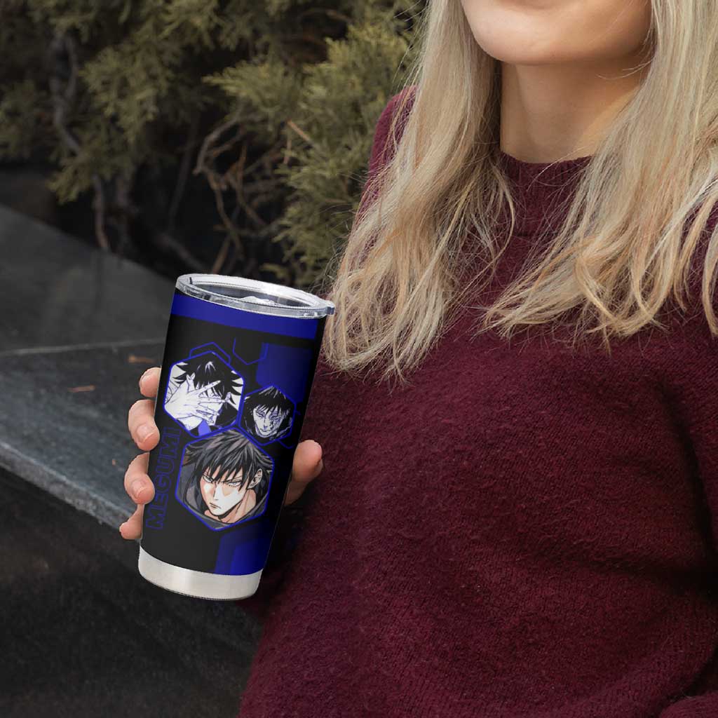 Megumi Fushiguro Jujutsu Kaisen Blue Hexagon Design Tumbler Cup with Shadow Techniques and Manga Style Art - The Mazicc