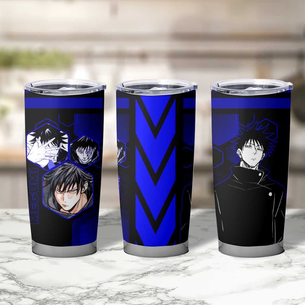 Megumi Fushiguro Jujutsu Kaisen Blue Hexagon Design Tumbler Cup with Shadow Techniques and Manga Style Art - The Mazicc