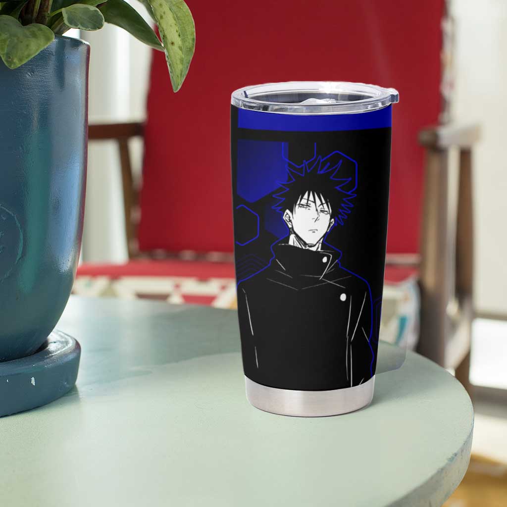 Megumi Fushiguro Jujutsu Kaisen Blue Hexagon Design Tumbler Cup with Shadow Techniques and Manga Style Art - The Mazicc