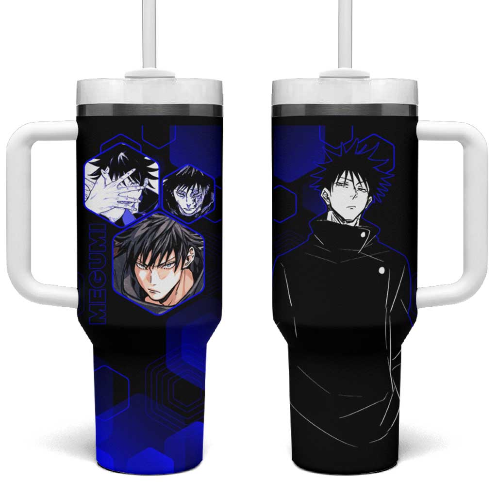 Megumi Fushiguro Jujutsu Kaisen Blue Hexagon Design Tumbler With Handle with Shadow Techniques and Manga Style Art - The Mazicc