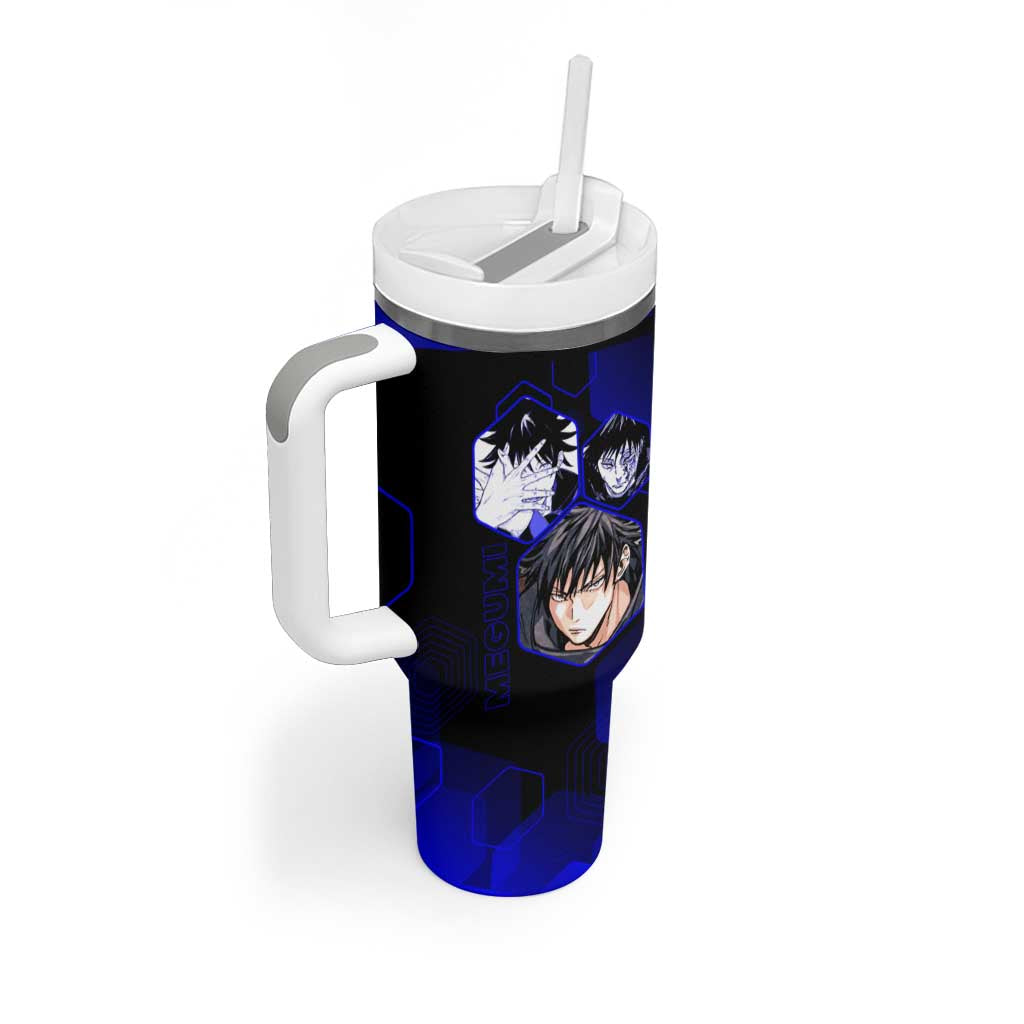 Megumi Fushiguro Jujutsu Kaisen Blue Hexagon Design Tumbler With Handle with Shadow Techniques and Manga Style Art - The Mazicc