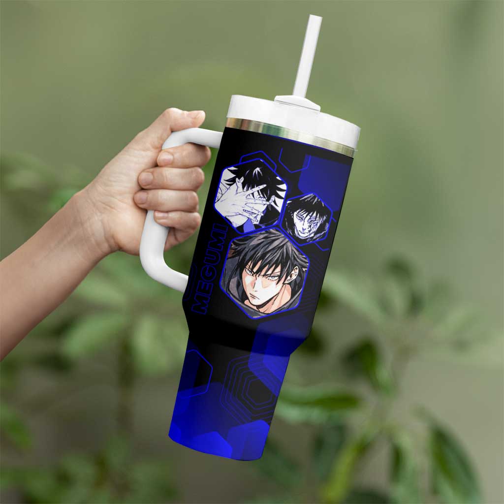 Megumi Fushiguro Jujutsu Kaisen Blue Hexagon Design Tumbler With Handle with Shadow Techniques and Manga Style Art - The Mazicc