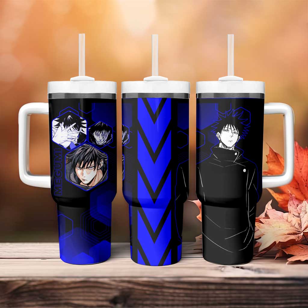 Megumi Fushiguro Jujutsu Kaisen Blue Hexagon Design Tumbler With Handle with Shadow Techniques and Manga Style Art - The Mazicc