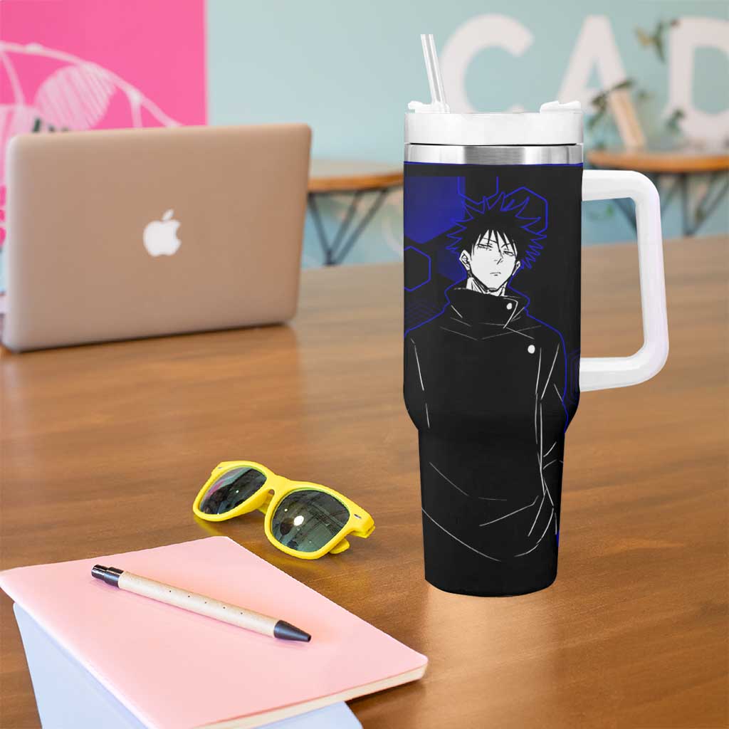 Megumi Fushiguro Jujutsu Kaisen Blue Hexagon Design Tumbler With Handle with Shadow Techniques and Manga Style Art - The Mazicc