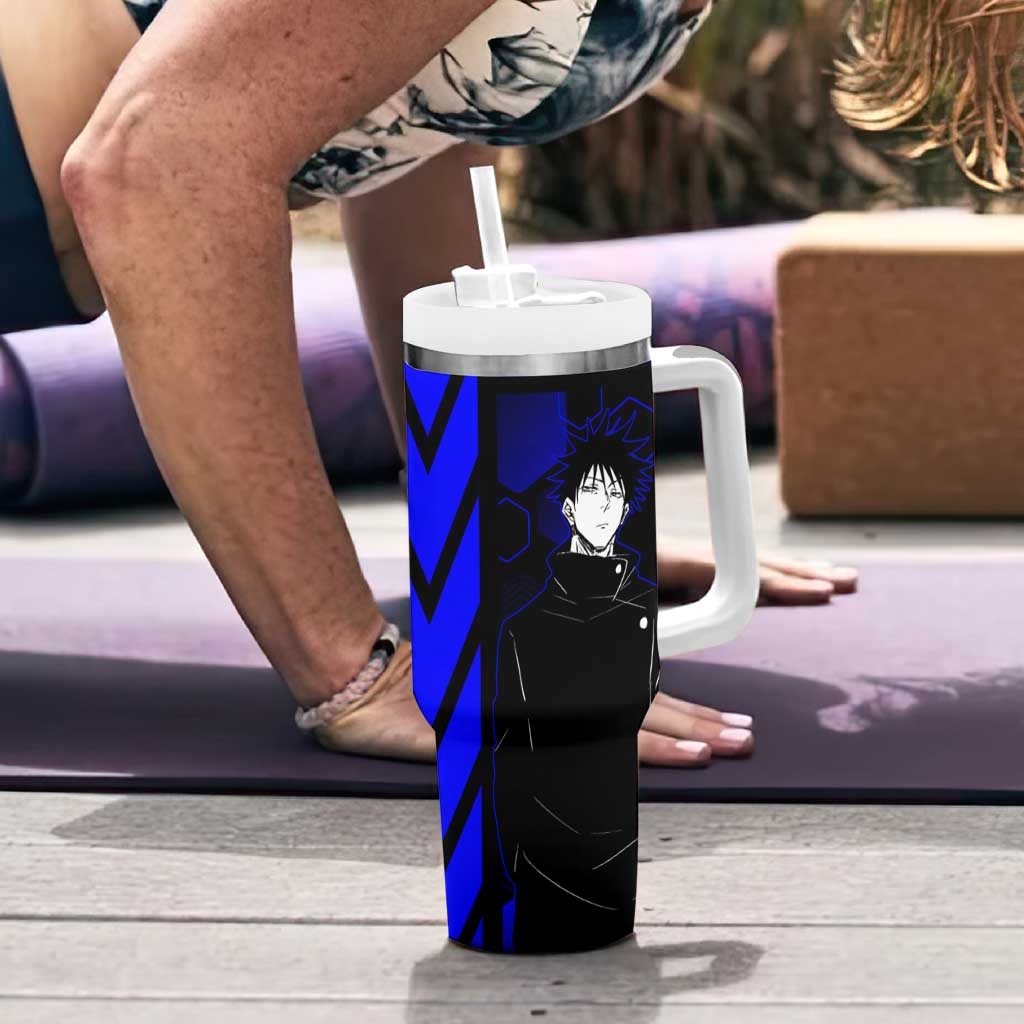 Megumi Fushiguro Jujutsu Kaisen Blue Hexagon Design Tumbler With Handle with Shadow Techniques and Manga Style Art - The Mazicc