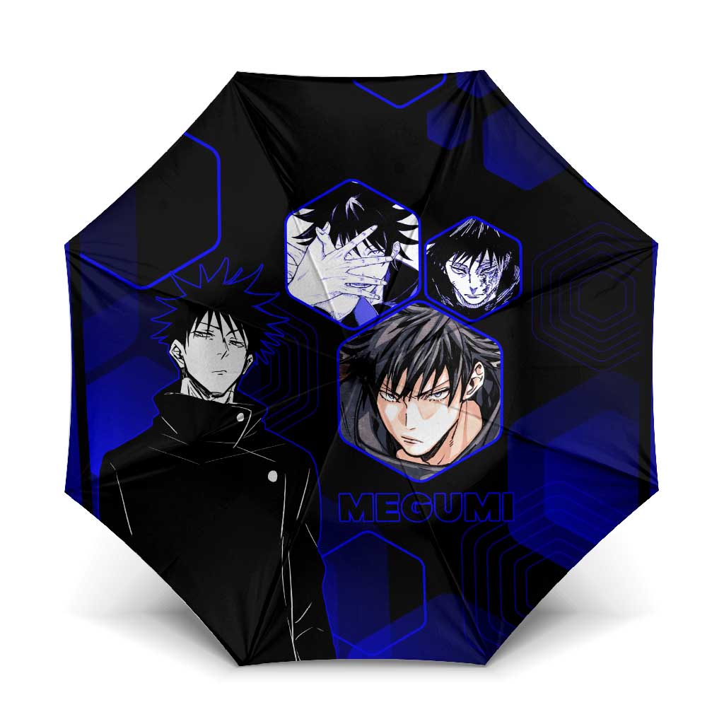 Megumi Fushiguro Jujutsu Kaisen Blue Hexagon Design Umbrella with Shadow Techniques and Manga Style Art - The Mazicc