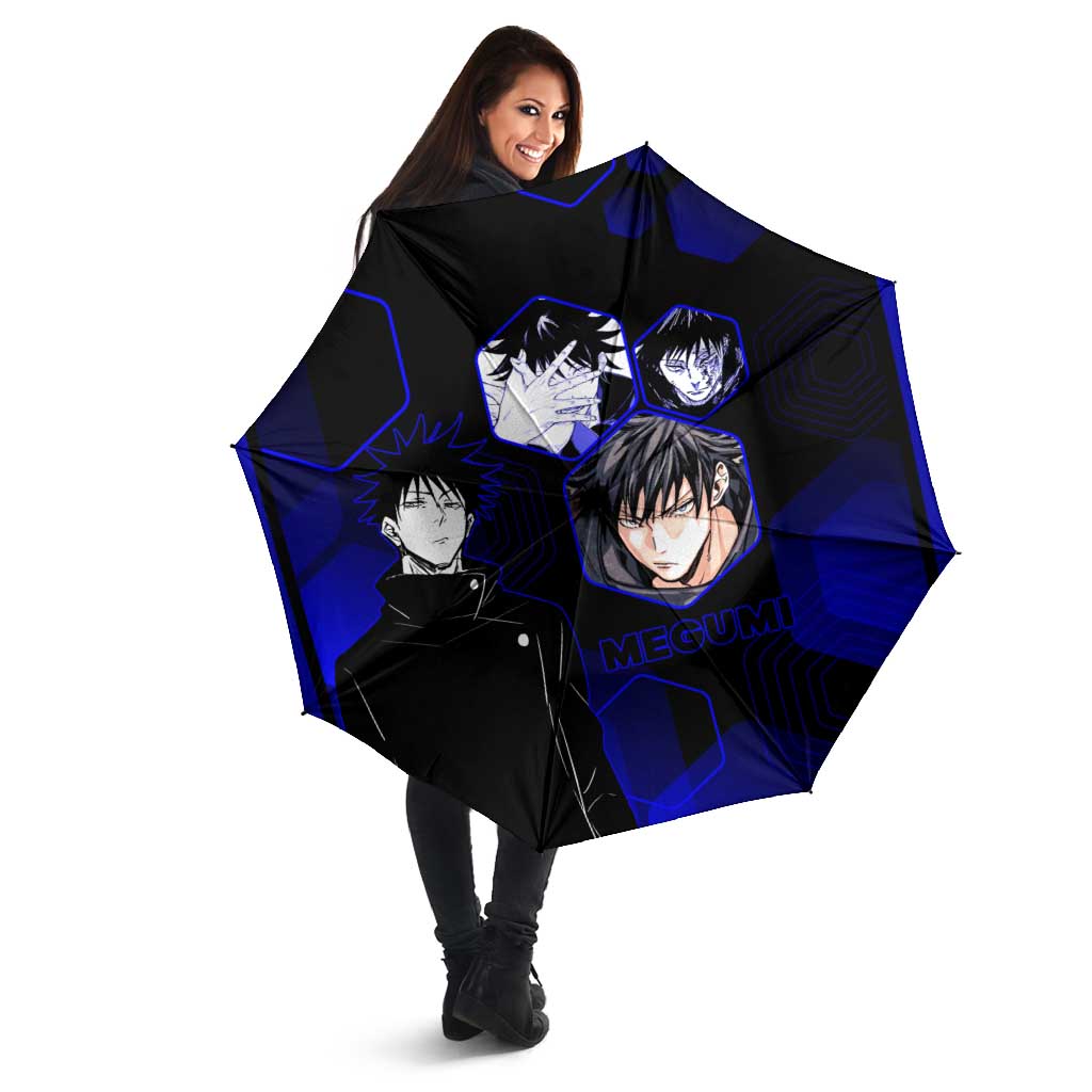 Megumi Fushiguro Jujutsu Kaisen Blue Hexagon Design Umbrella with Shadow Techniques and Manga Style Art - The Mazicc