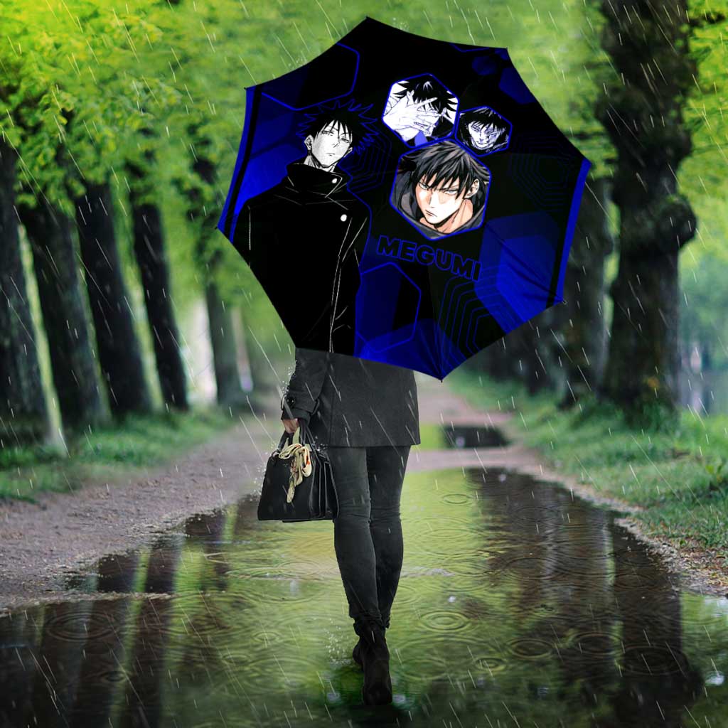 Megumi Fushiguro Jujutsu Kaisen Blue Hexagon Design Umbrella with Shadow Techniques and Manga Style Art - The Mazicc