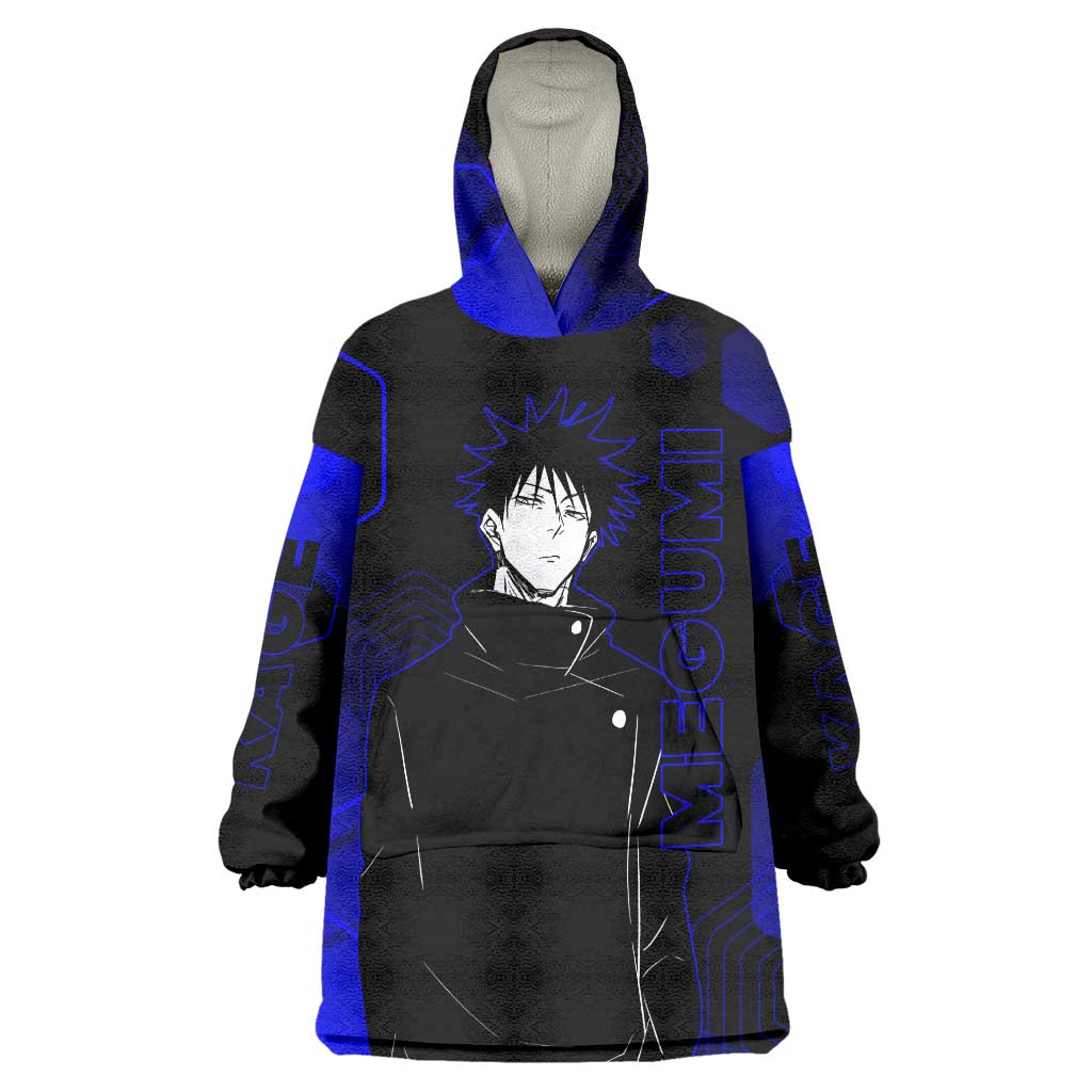 Megumi Fushiguro Jujutsu Kaisen Blue Hexagon Design Wearable Blanket Hoodie with Shadow Techniques and Manga Style Art - The Mazicc