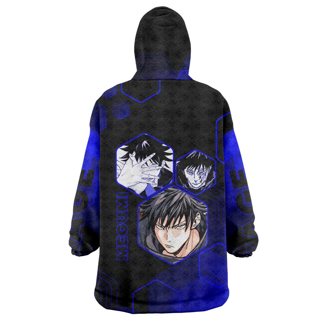 Megumi Fushiguro Jujutsu Kaisen Blue Hexagon Design Wearable Blanket Hoodie with Shadow Techniques and Manga Style Art - The Mazicc