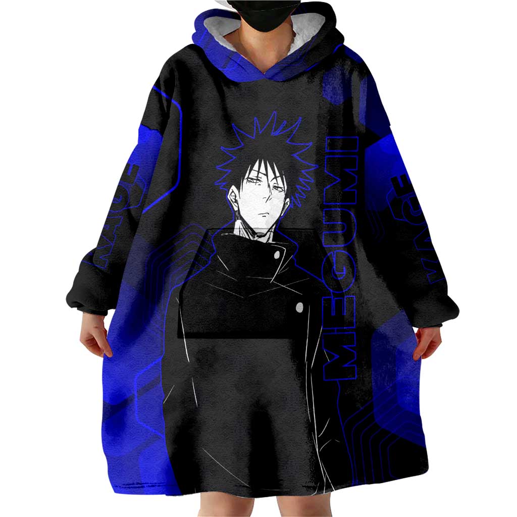 Megumi Fushiguro Jujutsu Kaisen Blue Hexagon Design Wearable Blanket Hoodie with Shadow Techniques and Manga Style Art - The Mazicc
