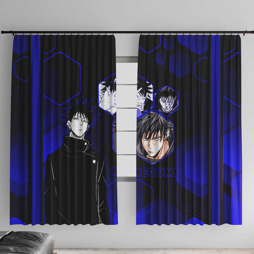 Megumi Fushiguro Jujutsu Kaisen Blue Hexagon Design Window Curtain with Shadow Techniques and Manga Style Art - The Mazicc