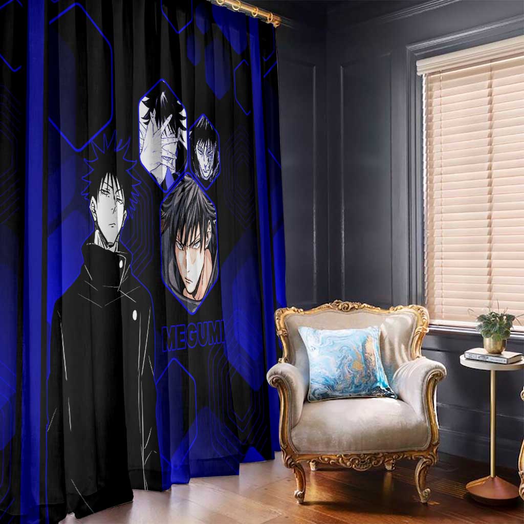 Megumi Fushiguro Jujutsu Kaisen Blue Hexagon Design Window Curtain with Shadow Techniques and Manga Style Art - The Mazicc