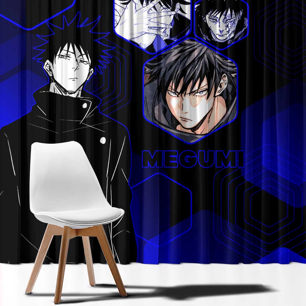 Megumi Fushiguro Jujutsu Kaisen Blue Hexagon Design Window Curtain with Shadow Techniques and Manga Style Art - The Mazicc