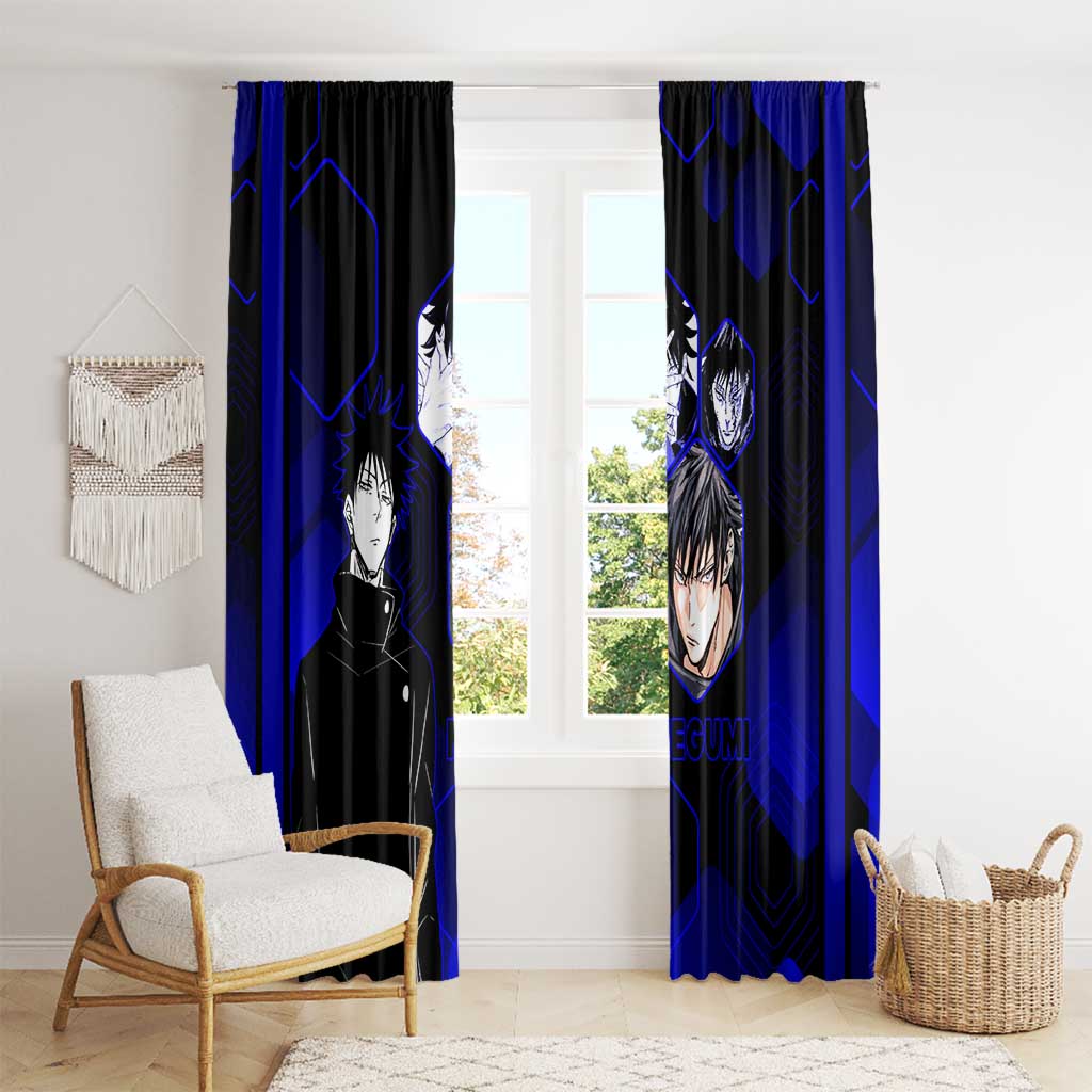 Megumi Fushiguro Jujutsu Kaisen Blue Hexagon Design Window Curtain with Shadow Techniques and Manga Style Art - The Mazicc