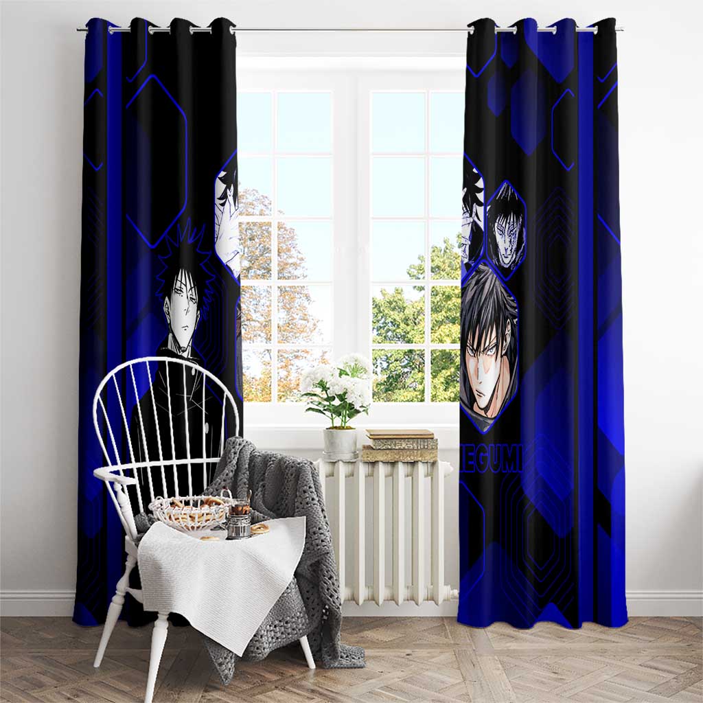 Megumi Fushiguro Jujutsu Kaisen Blue Hexagon Design Window Curtain with Shadow Techniques and Manga Style Art - The Mazicc