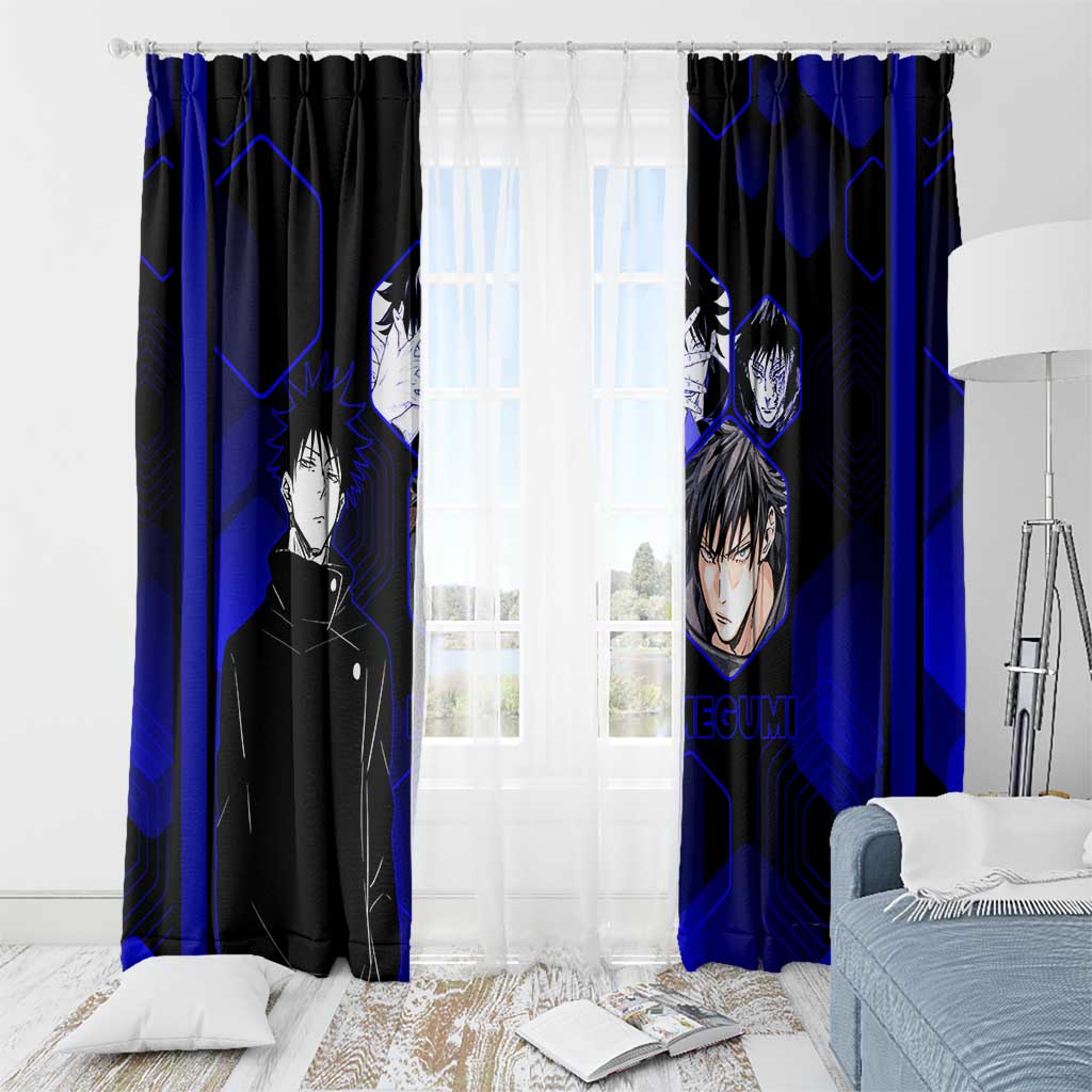 Megumi Fushiguro Jujutsu Kaisen Blue Hexagon Design Window Curtain with Shadow Techniques and Manga Style Art - The Mazicc