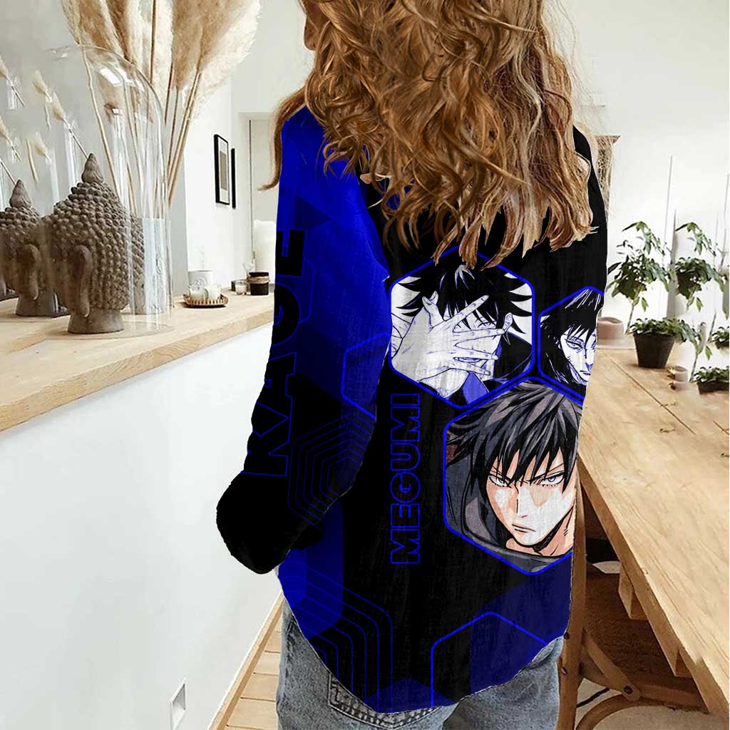 Megumi Fushiguro Jujutsu Kaisen Blue Hexagon Design Women Casual Shirt with Shadow Techniques and Manga Style Art - The Mazicc