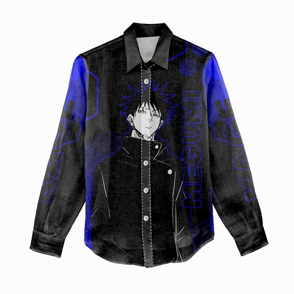 Megumi Fushiguro Jujutsu Kaisen Blue Hexagon Design Women Casual Shirt with Shadow Techniques and Manga Style Art - The Mazicc