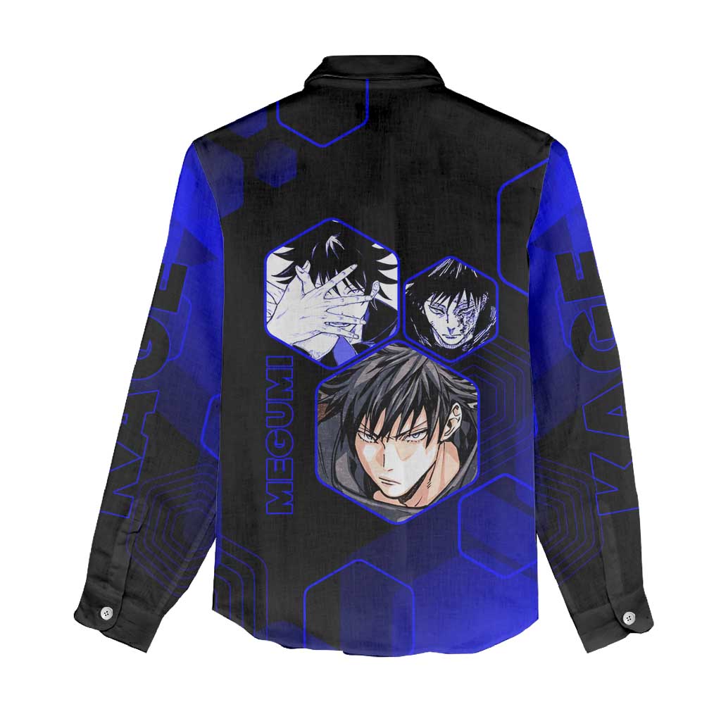 Megumi Fushiguro Jujutsu Kaisen Blue Hexagon Design Women Casual Shirt with Shadow Techniques and Manga Style Art - The Mazicc