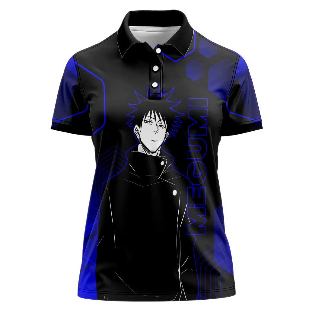 Megumi Fushiguro Jujutsu Kaisen Blue Hexagon Design Women Polo Shirt with Shadow Techniques and Manga Style Art - The Mazicc