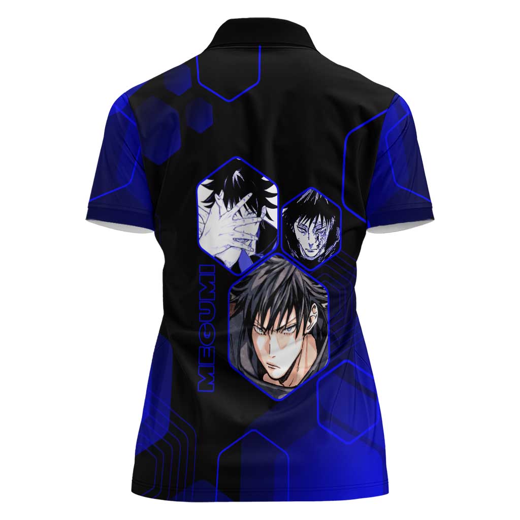 Megumi Fushiguro Jujutsu Kaisen Blue Hexagon Design Women Polo Shirt with Shadow Techniques and Manga Style Art - The Mazicc