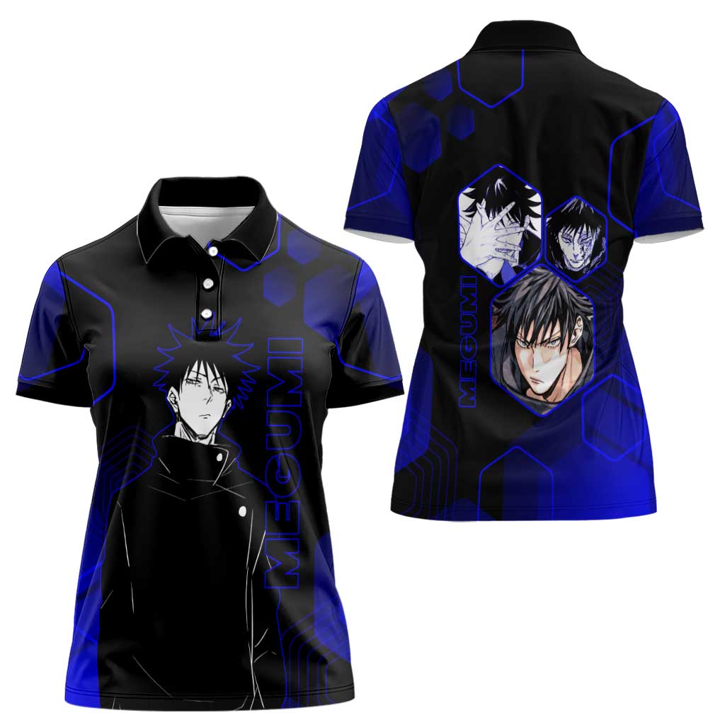 Megumi Fushiguro Jujutsu Kaisen Blue Hexagon Design Women Polo Shirt with Shadow Techniques and Manga Style Art - The Mazicc