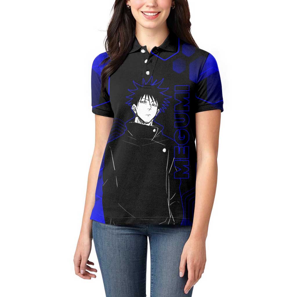 Megumi Fushiguro Jujutsu Kaisen Blue Hexagon Design Women Polo Shirt with Shadow Techniques and Manga Style Art - The Mazicc