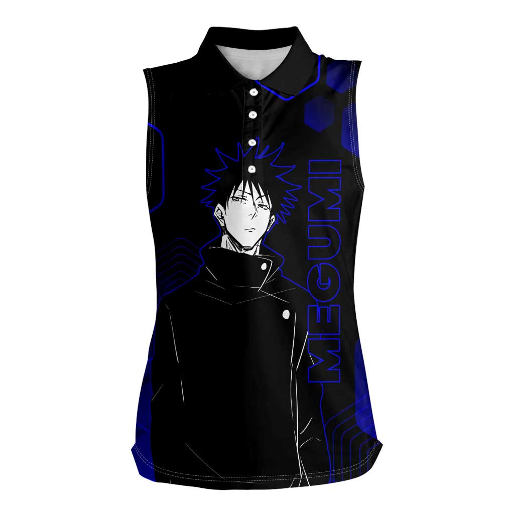 Megumi Fushiguro Jujutsu Kaisen Blue Hexagon Design Women Sleeveless Polo Shirt with Shadow Techniques and Manga Style Art - The Mazicc