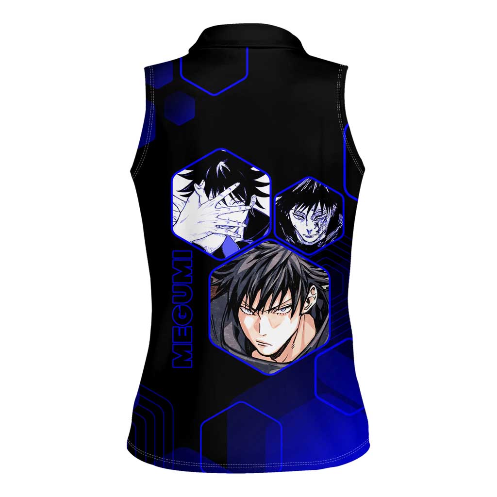Megumi Fushiguro Jujutsu Kaisen Blue Hexagon Design Women Sleeveless Polo Shirt with Shadow Techniques and Manga Style Art - The Mazicc